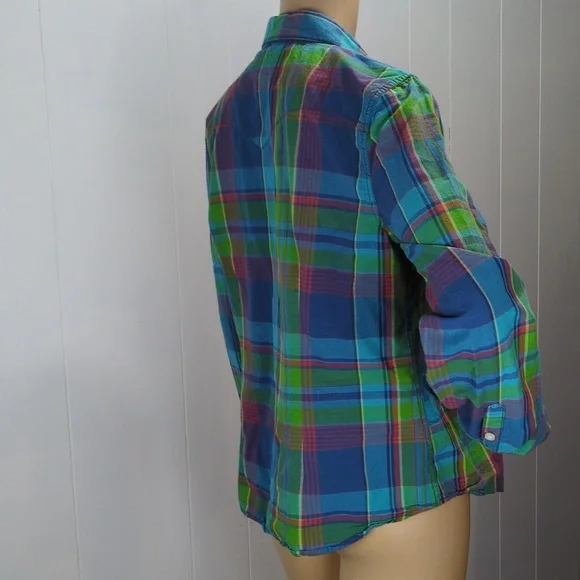 Ralph Lauren Colorful Green & Blue Plaid Snap Button-Up Shirt Large - Picture 5 of 11